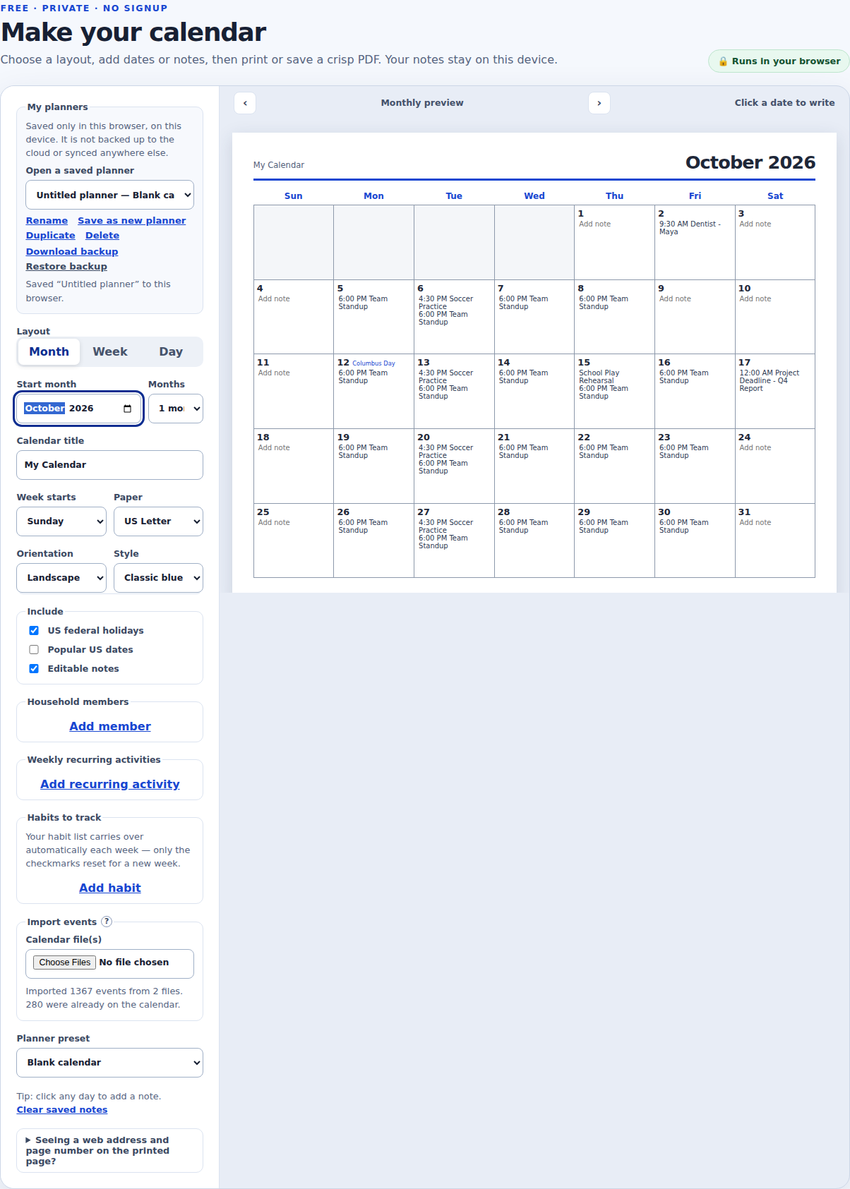 Joly Calendar’s October 2026 page showing a Google Calendar export (soccer practice, a dentist visit, a school play) merged with an Outlook export (a recurring team standup and a project deadline) on one printed month.