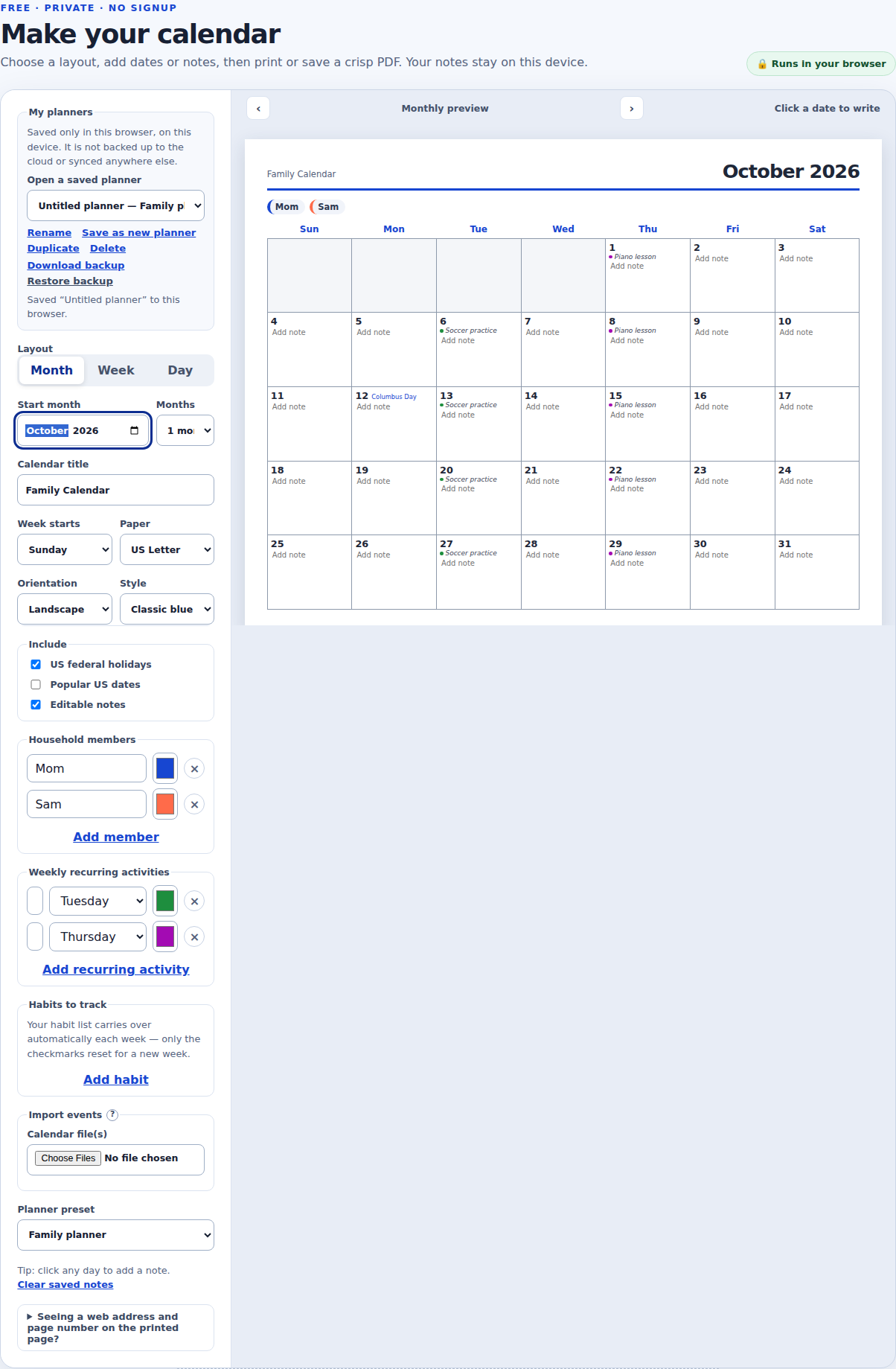 Joly Calendar’s family calendar showing two household members (Mom, Sam) and two color-coded recurring activities, soccer practice and a piano lesson, on the October 2026 page.