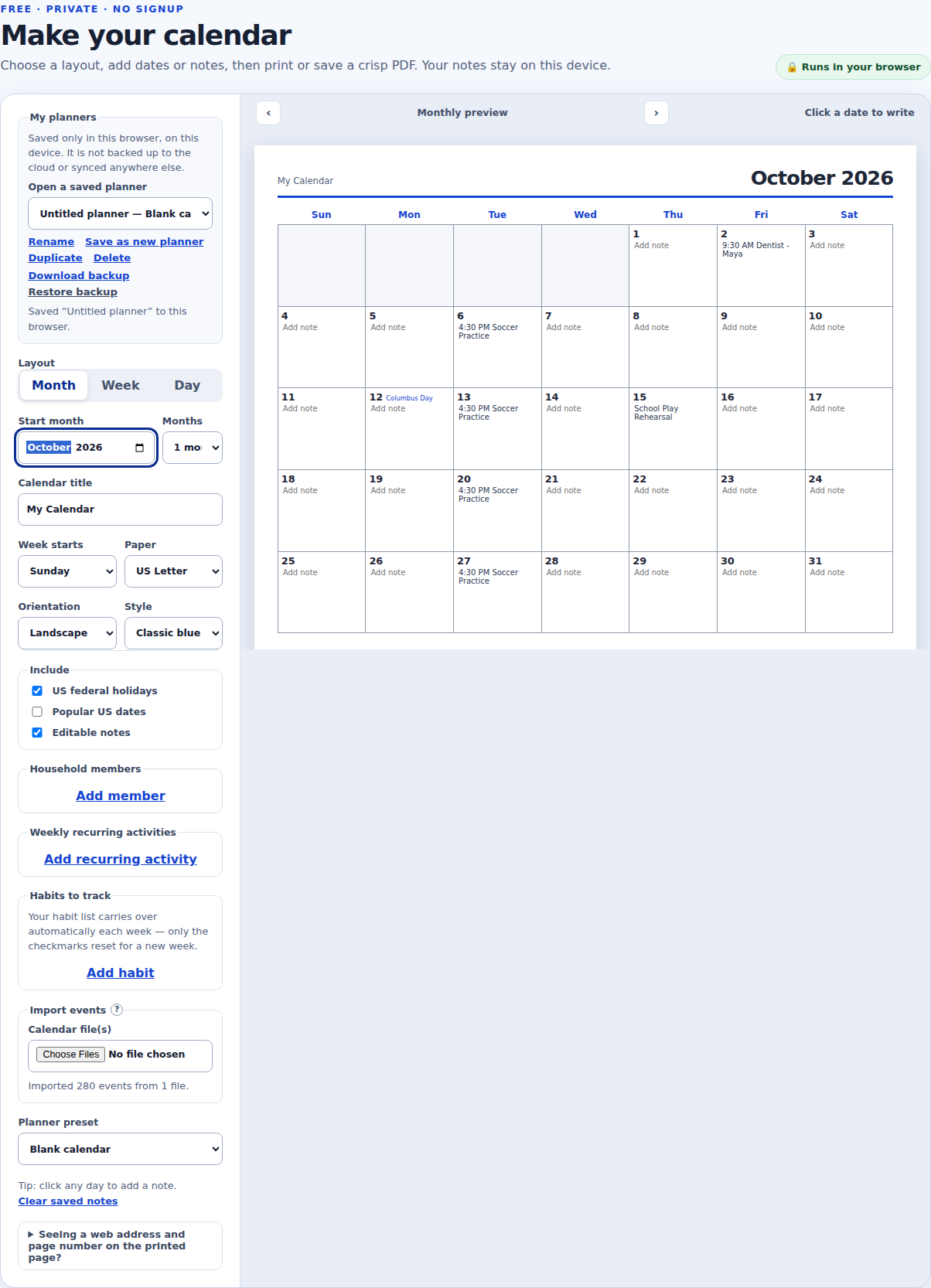 Joly Calendar’s October 2026 monthly page showing events imported from one .ics file: a weekly Tuesday soccer practice, a dentist appointment, and an all-day school play rehearsal.