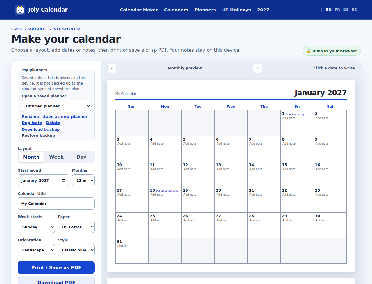 Joly Calendar's January 2027 printable calendar, with the settings panel showing 12 months selected, US Letter paper, and New Year's Day and Martin Luther King Jr. Day marked.