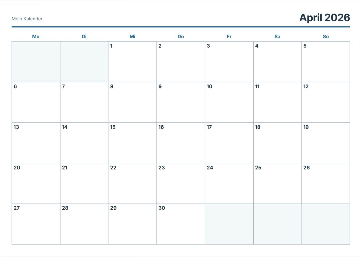 April 2026 Kalender zum Ausdrucken (Druckvorschau)