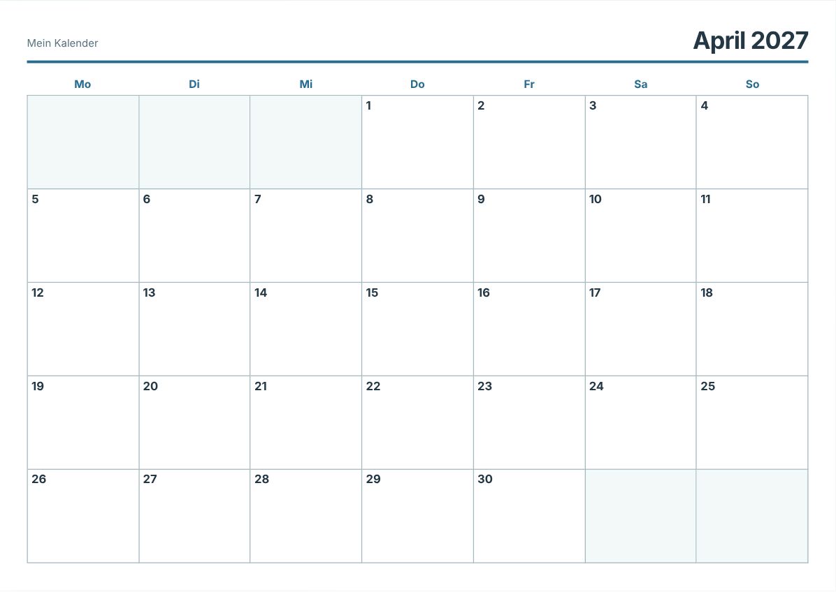 April 2027 Kalender zum Ausdrucken (Druckvorschau)