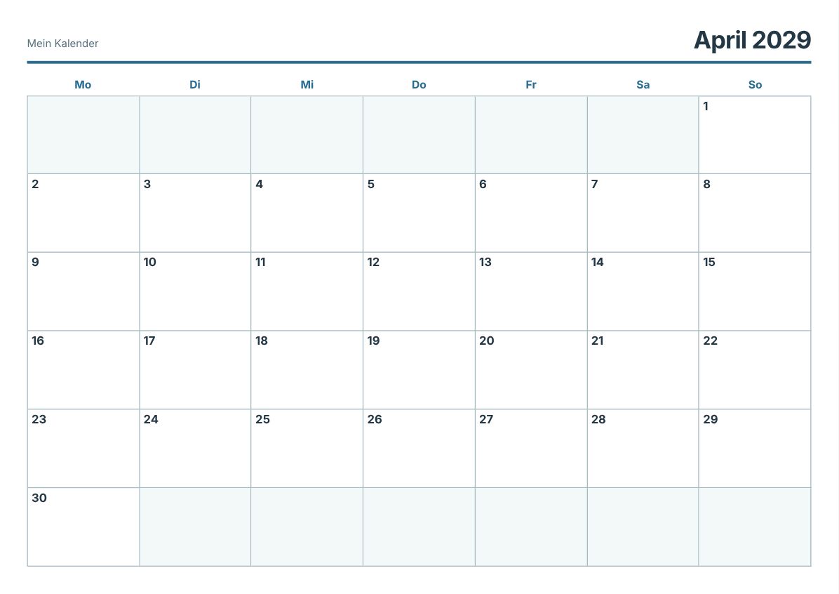 April 2029 Kalender zum Ausdrucken (Druckvorschau)