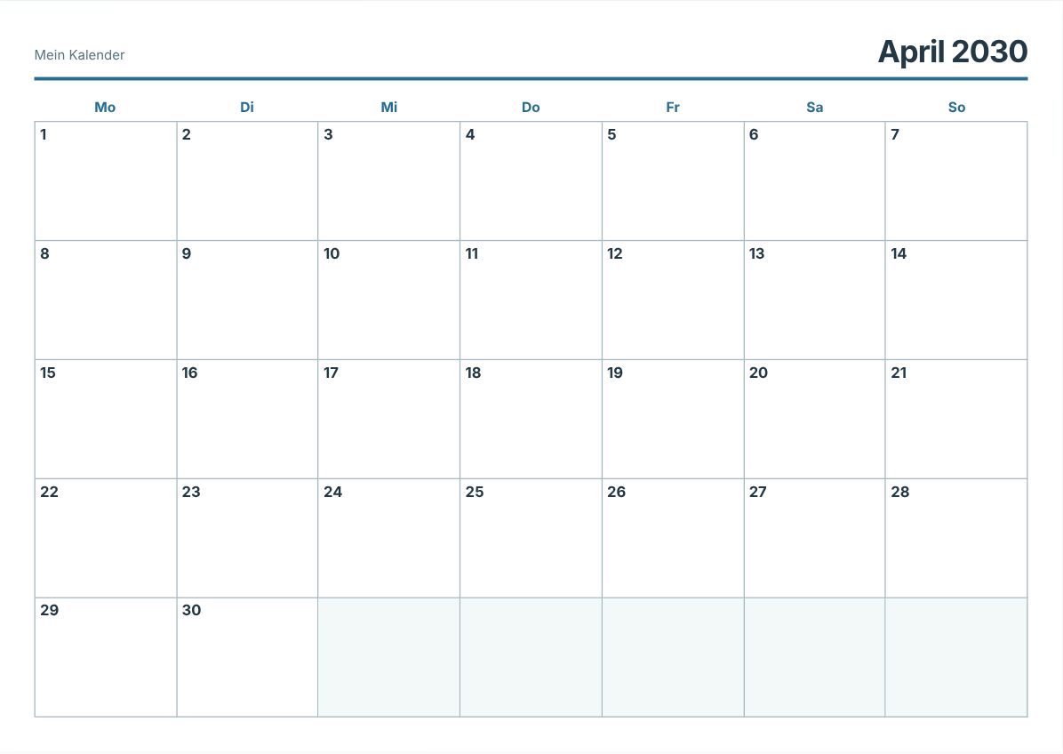 April 2030 Kalender zum Ausdrucken (Druckvorschau)