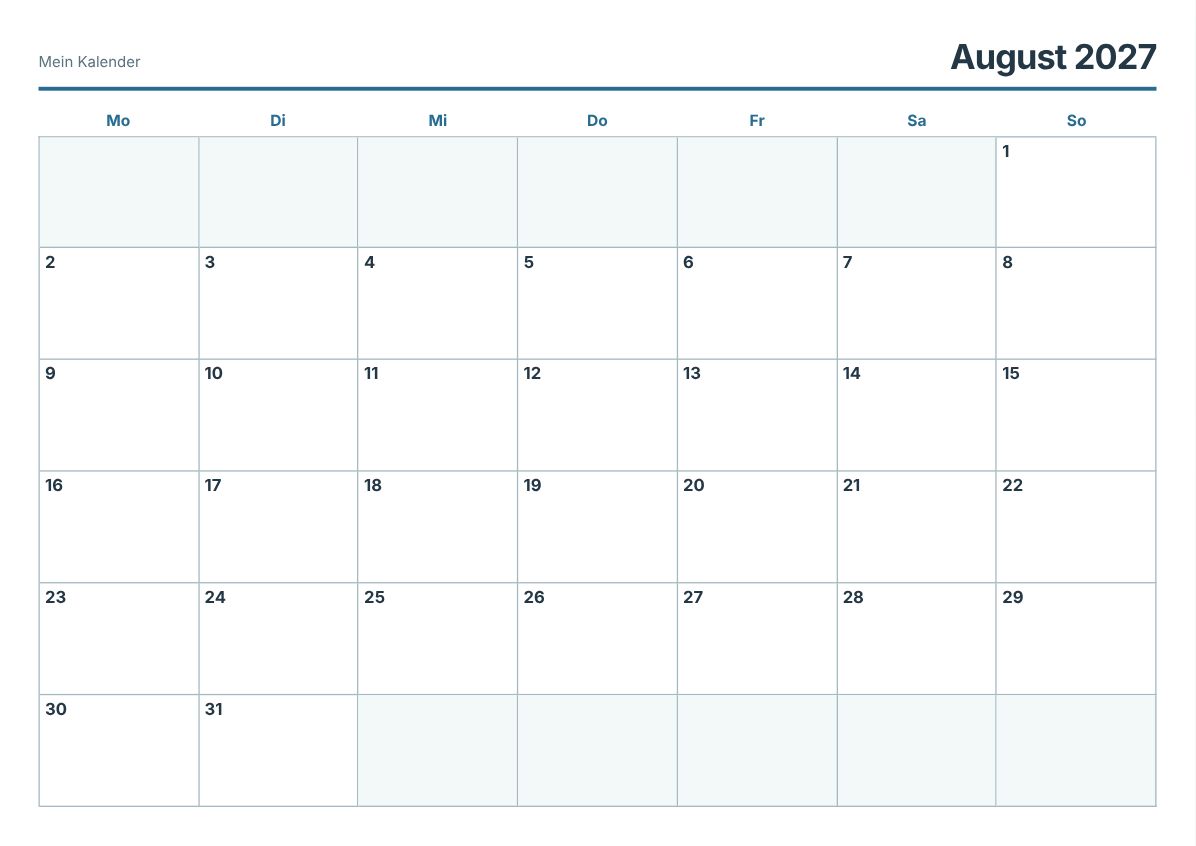 August 2027 Kalender zum Ausdrucken (Druckvorschau)
