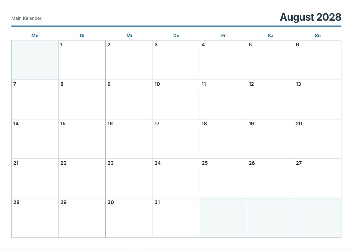 August 2028 Kalender zum Ausdrucken (Druckvorschau)