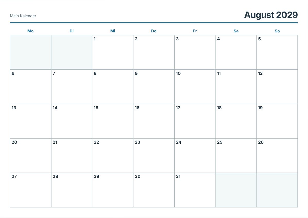 August 2029 Kalender zum Ausdrucken (Druckvorschau)