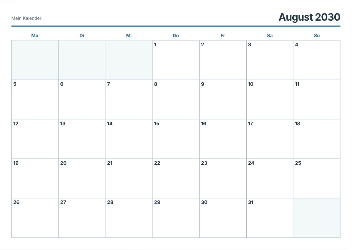 August 2030 Kalender zum Ausdrucken (Druckvorschau)