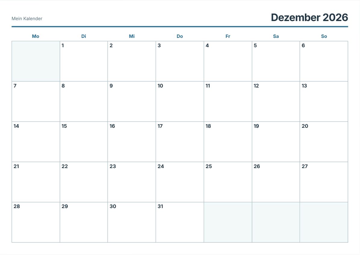 Dezember 2026 Kalender zum Ausdrucken (Druckvorschau)