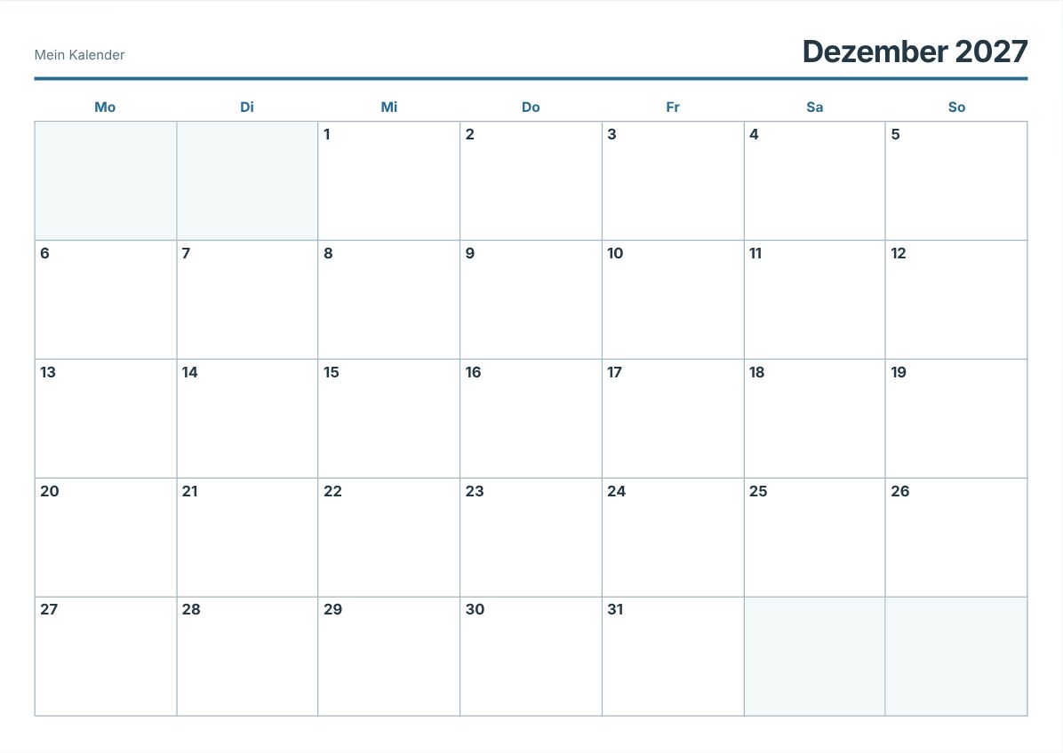Dezember 2027 Kalender zum Ausdrucken (Druckvorschau)