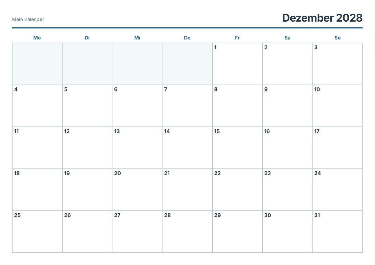 Dezember 2028 Kalender zum Ausdrucken (Druckvorschau)