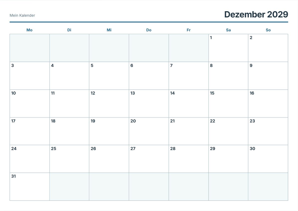 Dezember 2029 Kalender zum Ausdrucken (Druckvorschau)