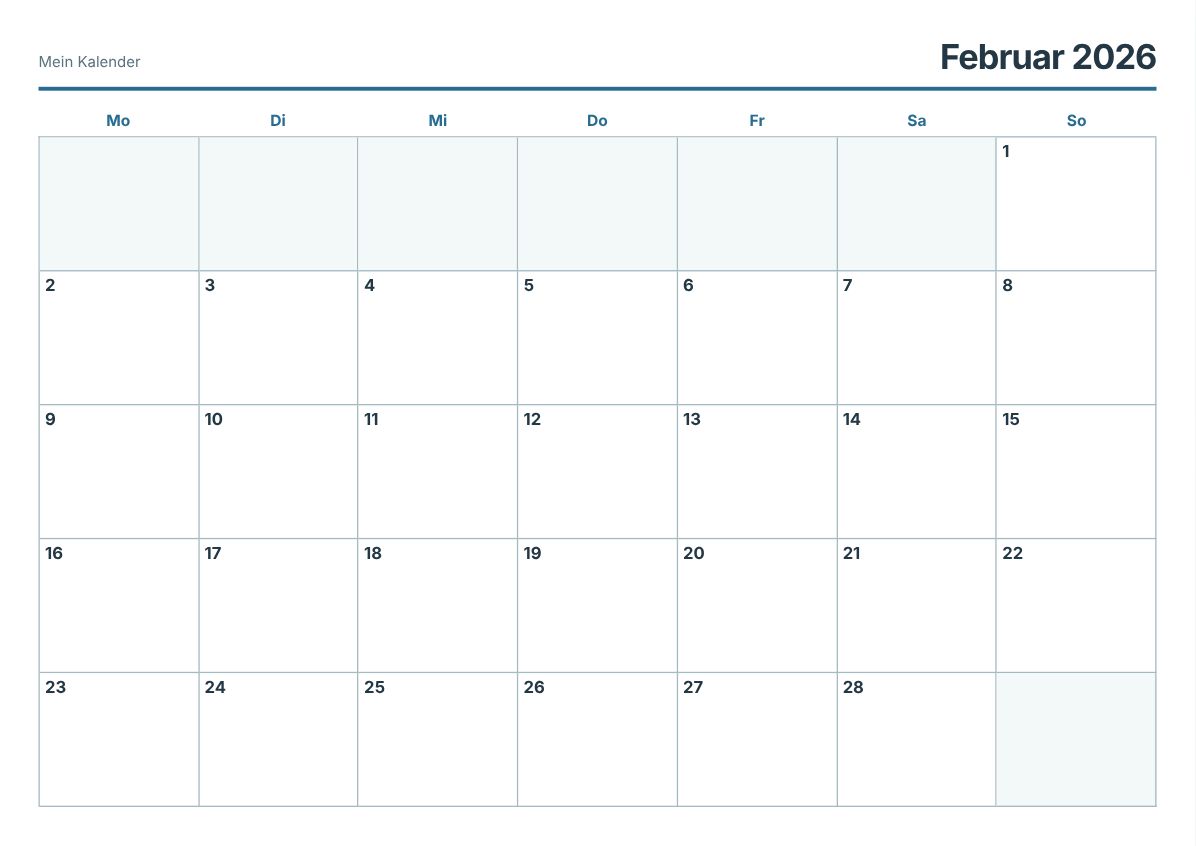 Februar 2026 Kalender zum Ausdrucken (Druckvorschau)