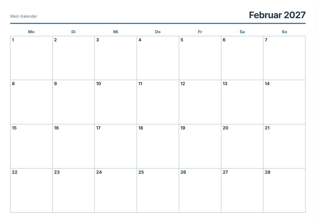 Februar 2027 Kalender zum Ausdrucken (Druckvorschau)