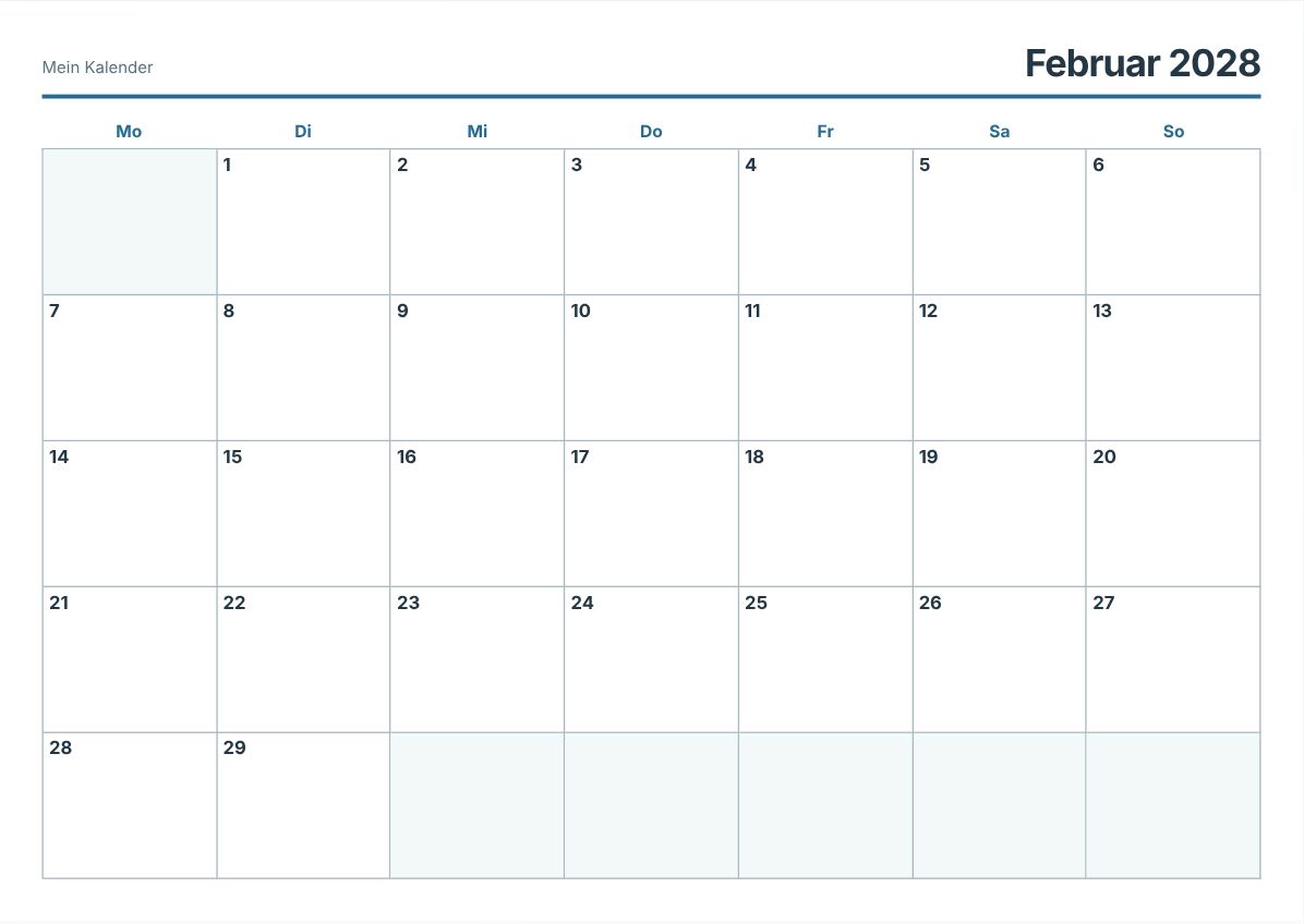 Februar 2028 Kalender zum Ausdrucken (Druckvorschau)