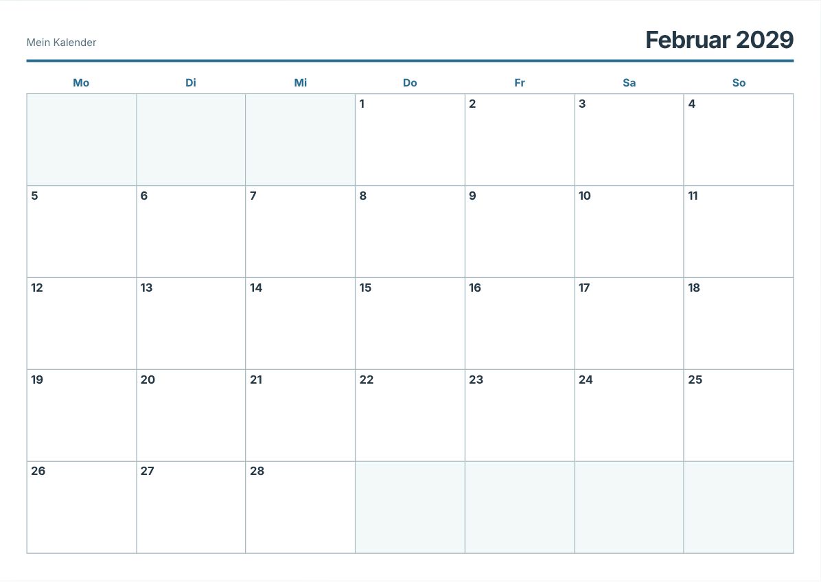 Februar 2029 Kalender zum Ausdrucken (Druckvorschau)