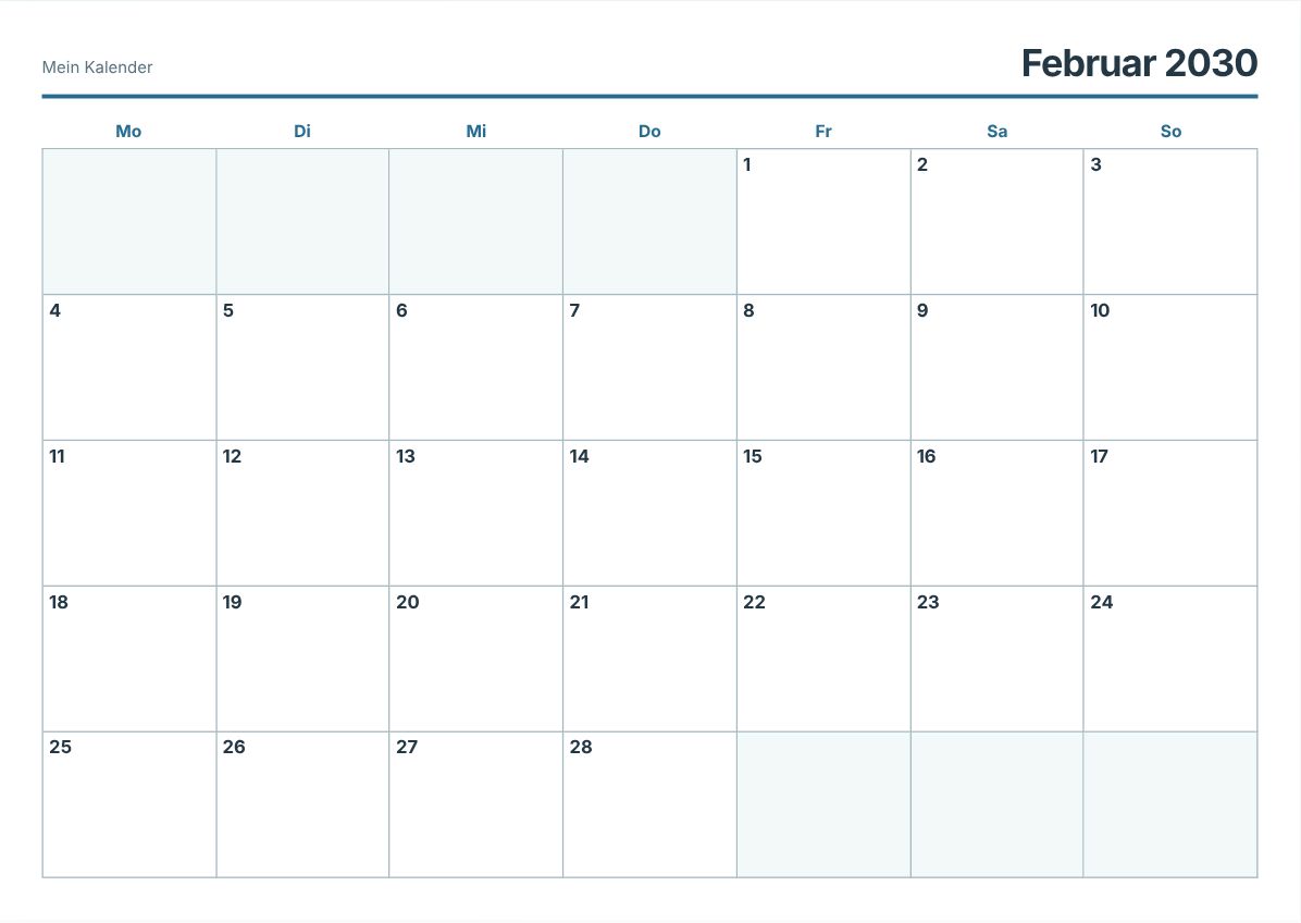 Februar 2030 Kalender zum Ausdrucken (Druckvorschau)