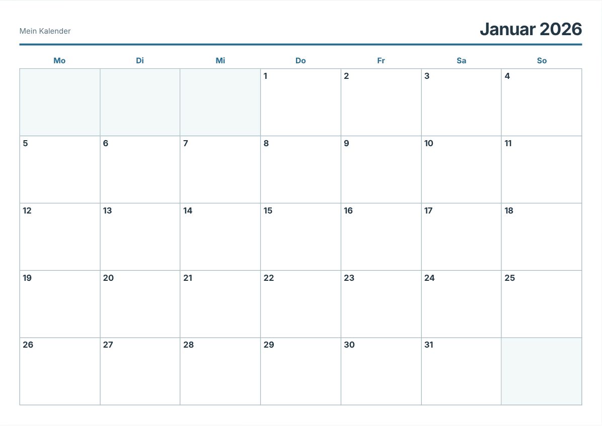 Januar 2026 Kalender zum Ausdrucken (Druckvorschau)