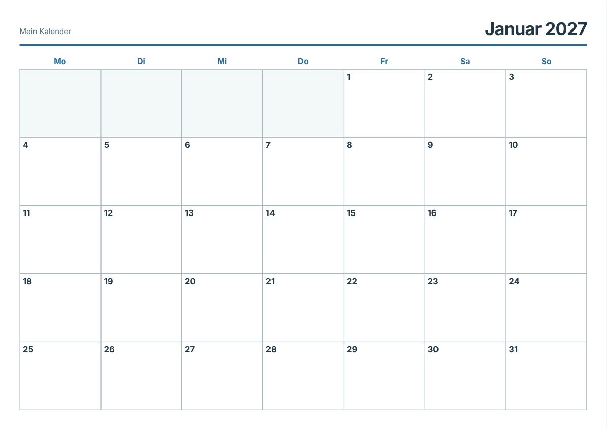 Januar 2027 Kalender zum Ausdrucken (Druckvorschau)
