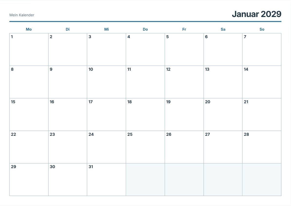Januar 2029 Kalender zum Ausdrucken (Druckvorschau)