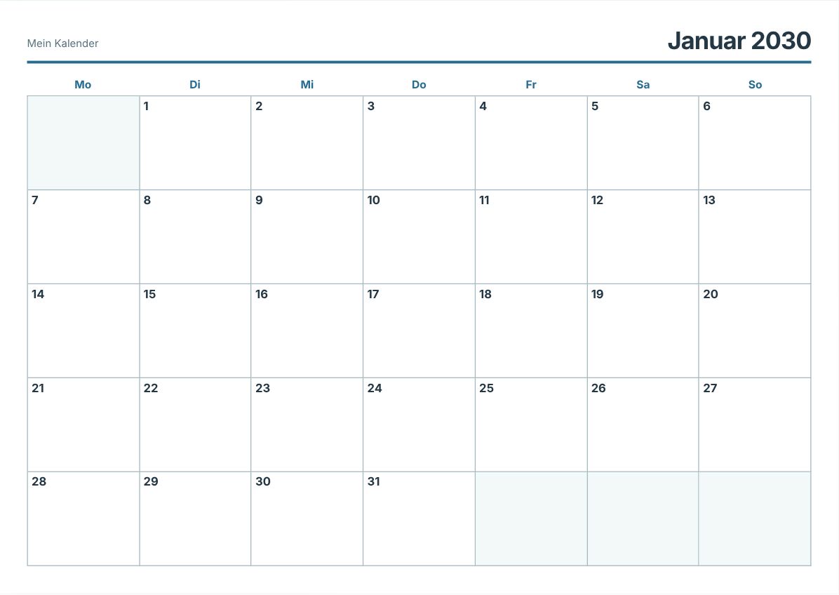 Januar 2030 Kalender zum Ausdrucken (Druckvorschau)