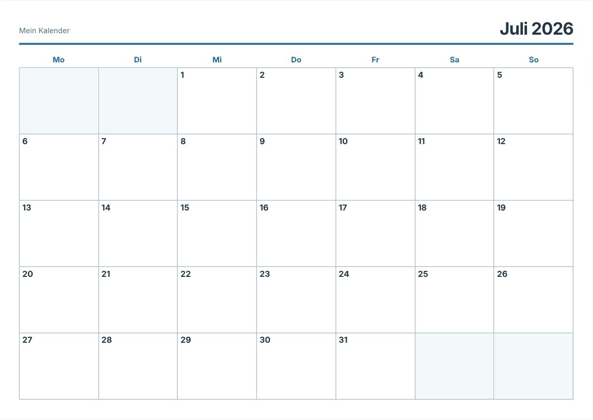 Juli 2026 Kalender zum Ausdrucken (Druckvorschau)