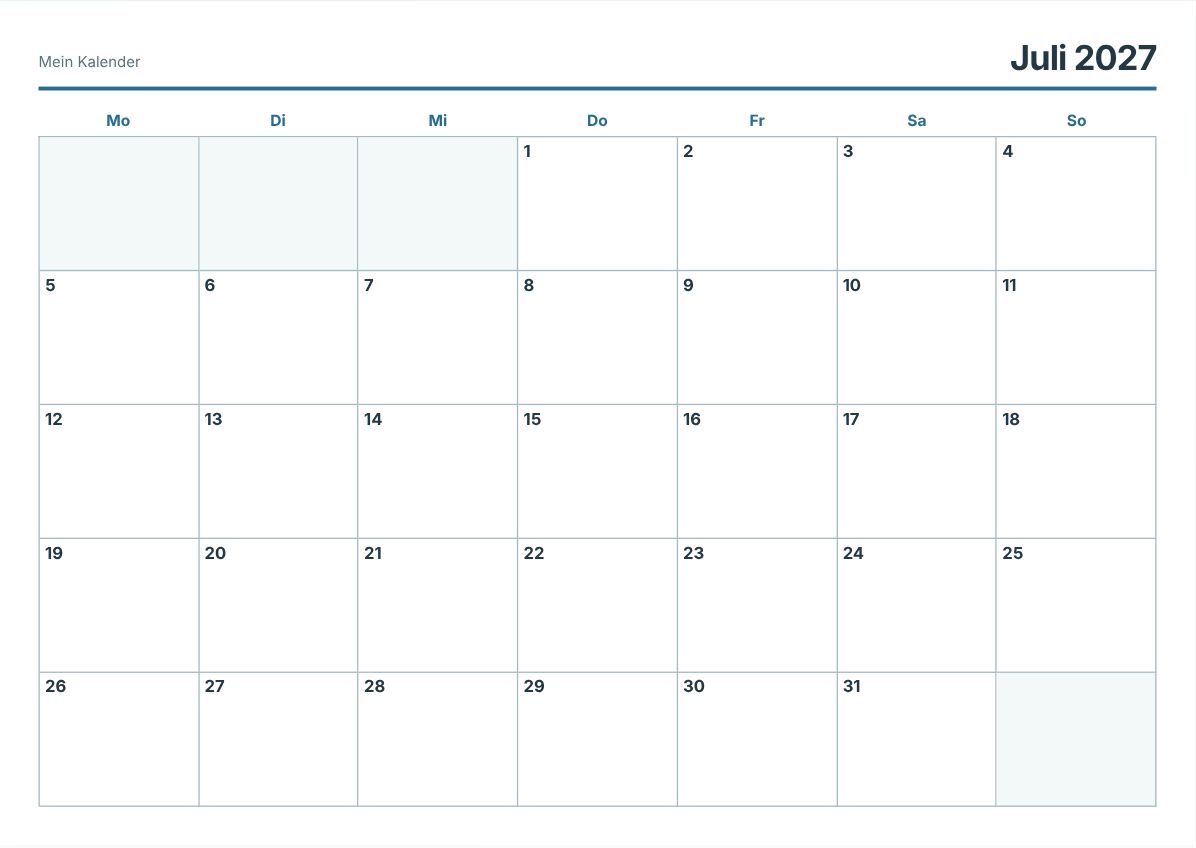 Juli 2027 Kalender zum Ausdrucken (Druckvorschau)