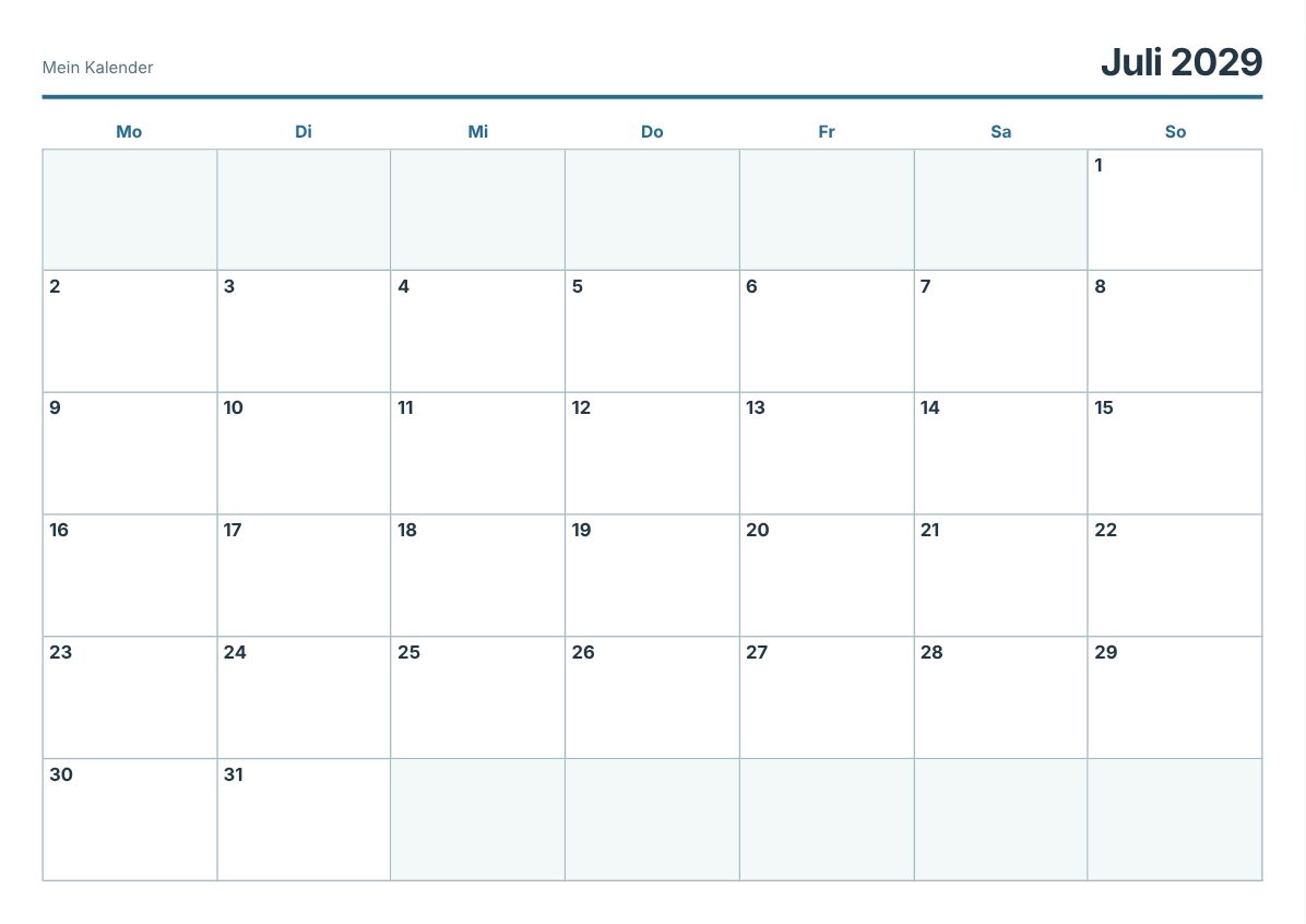 Juli 2029 Kalender zum Ausdrucken (Druckvorschau)
