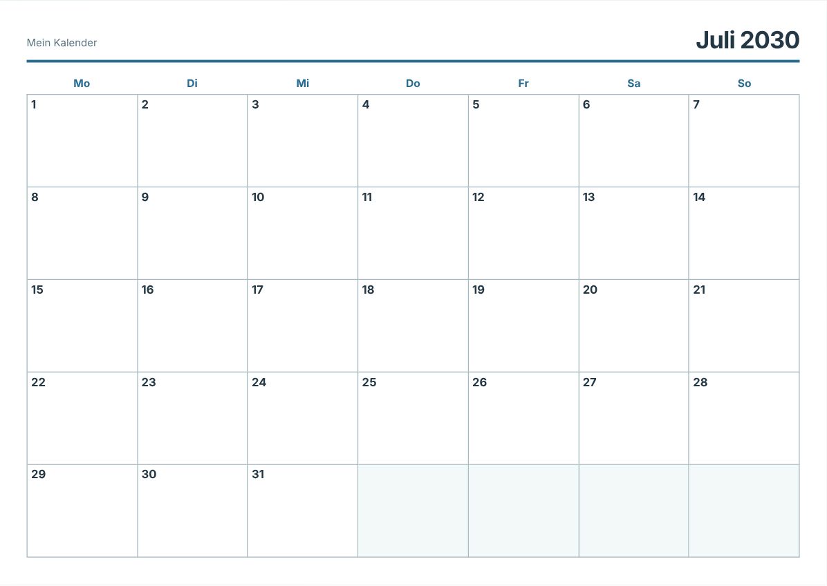 Juli 2030 Kalender zum Ausdrucken (Druckvorschau)