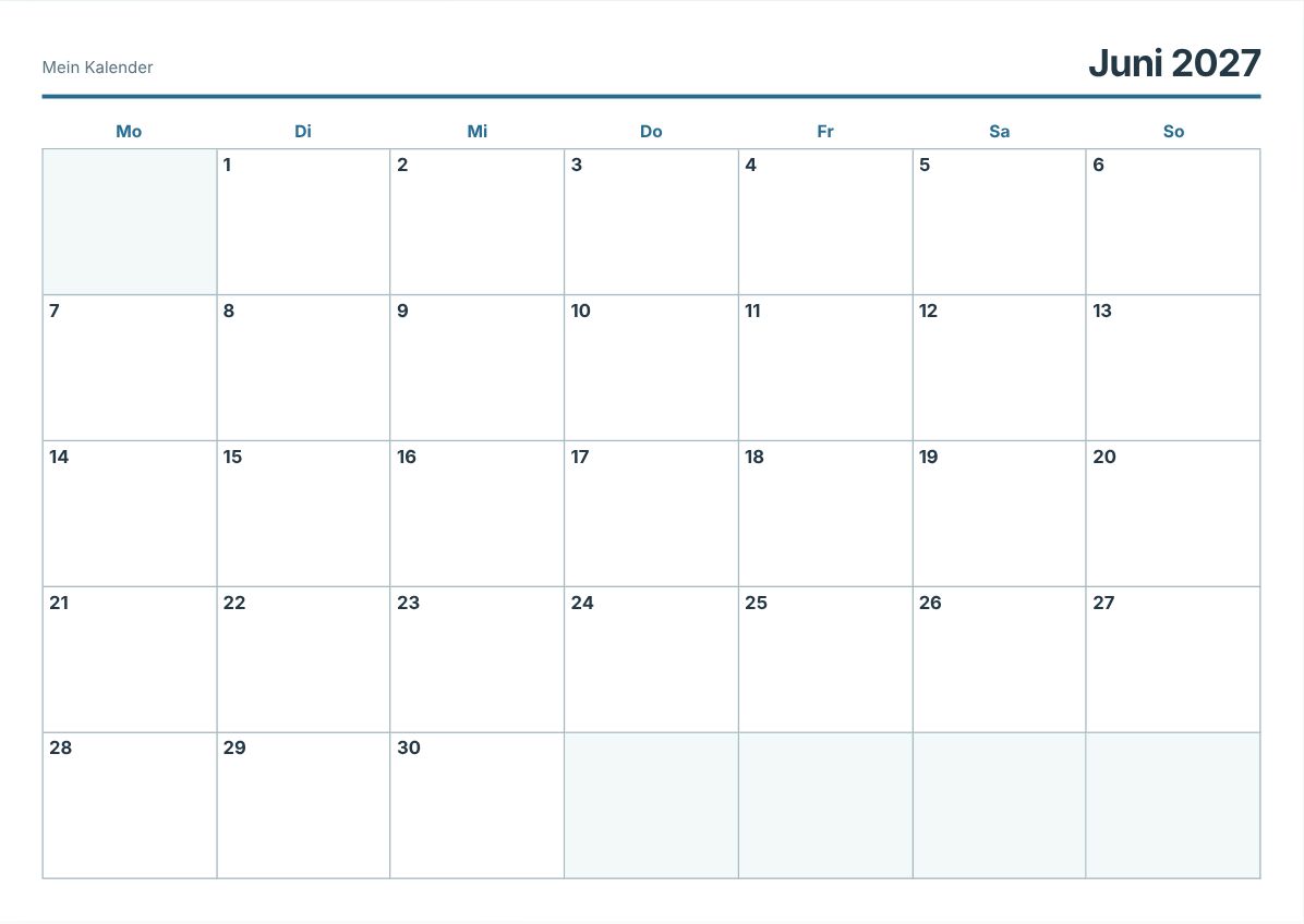 Juni 2027 Kalender zum Ausdrucken (Druckvorschau)