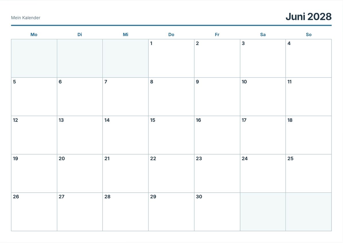 Juni 2028 Kalender zum Ausdrucken (Druckvorschau)