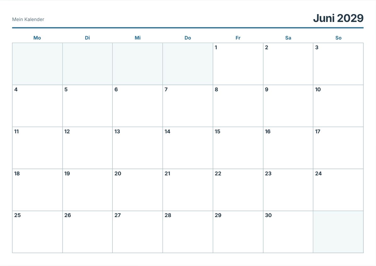 Juni 2029 Kalender zum Ausdrucken (Druckvorschau)