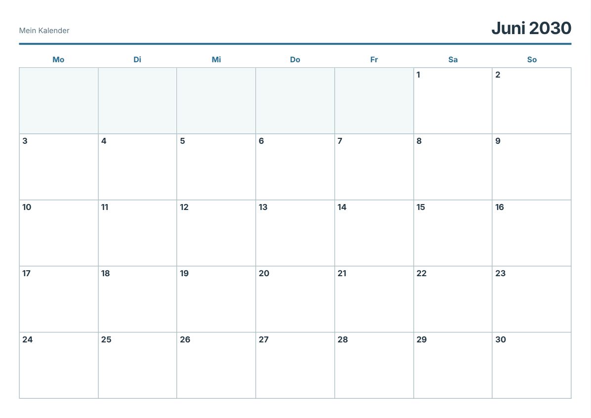 Juni 2030 Kalender zum Ausdrucken (Druckvorschau)
