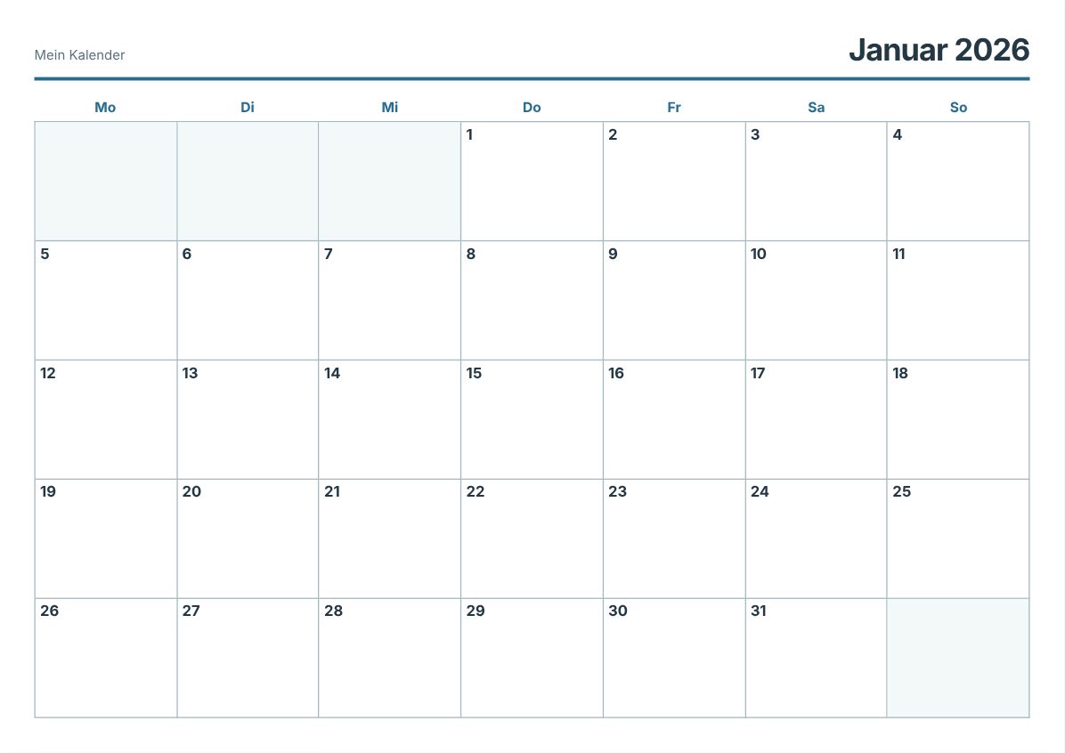 Kalender 2026 zum Ausdrucken (Druckvorschau)