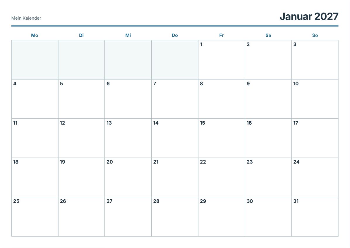 Kalender 2027 zum Ausdrucken (Druckvorschau)