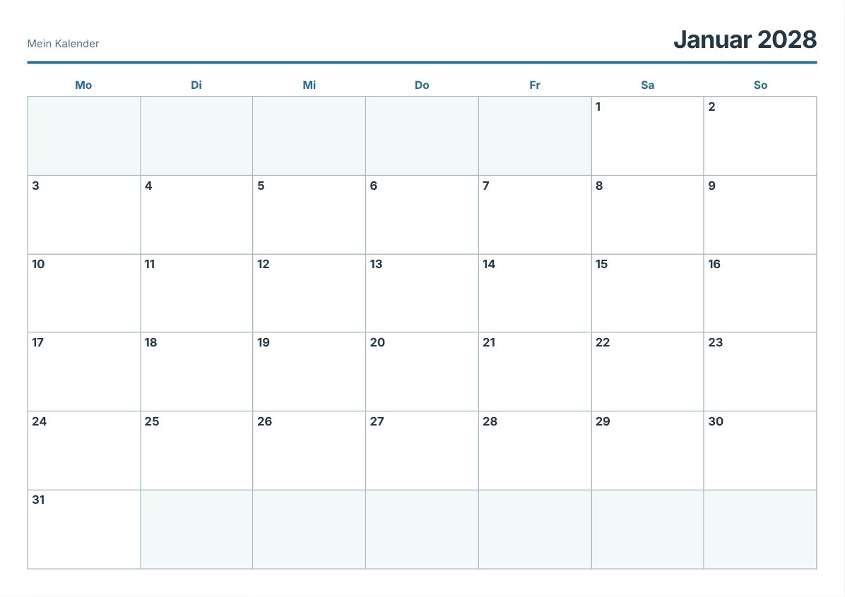 Kalender 2028 zum Ausdrucken (Druckvorschau)