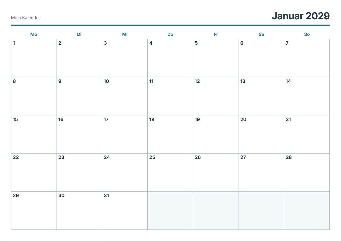 Kalender 2029 zum Ausdrucken (Druckvorschau)