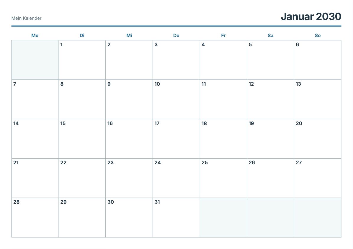 Kalender 2030 zum Ausdrucken (Druckvorschau)