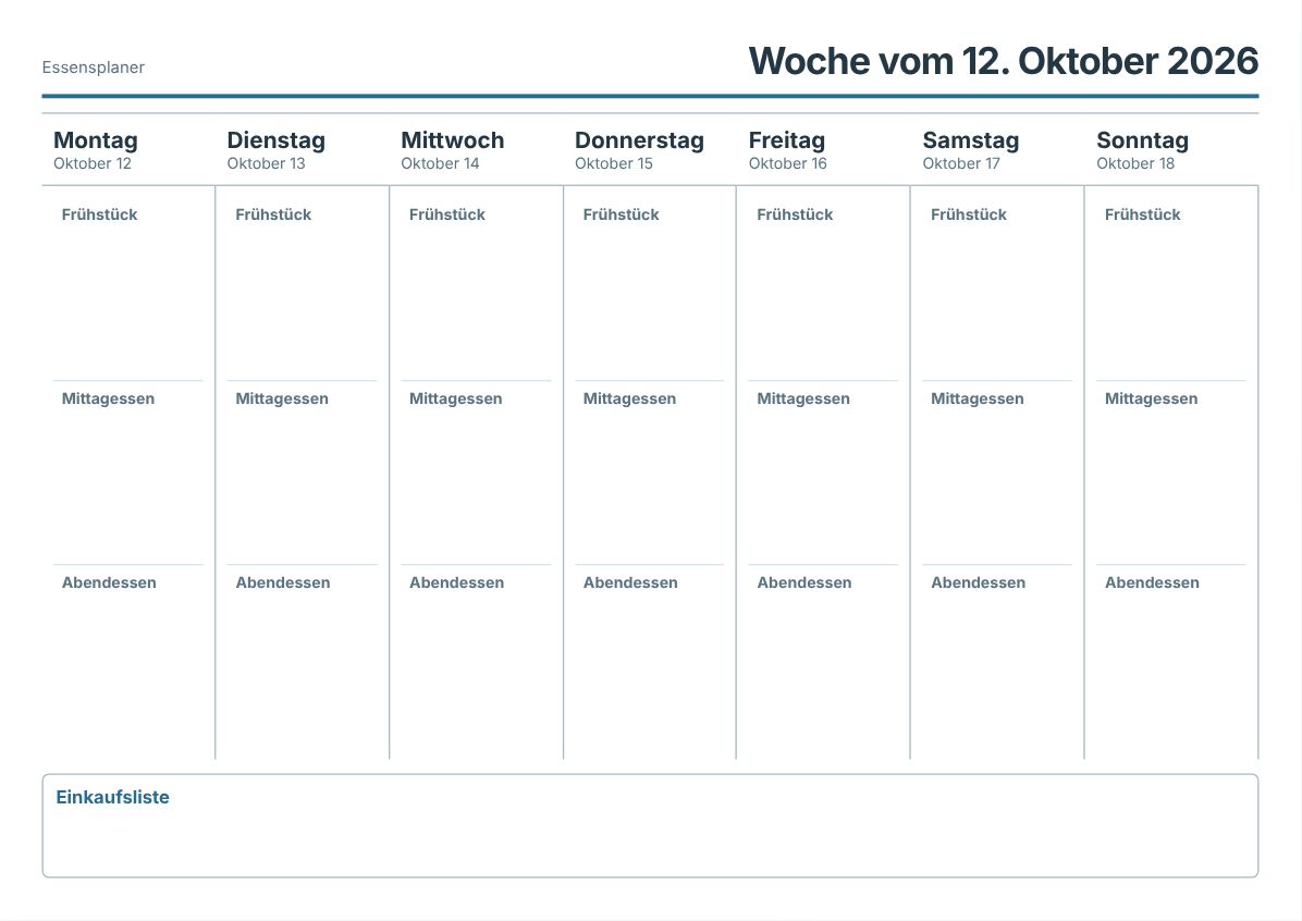 Kostenloser Essensplaner zum Ausdrucken (Druckvorschau)