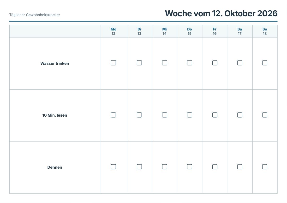 Kostenloser Gewohnheitstracker zum Ausdrucken (Druckvorschau)