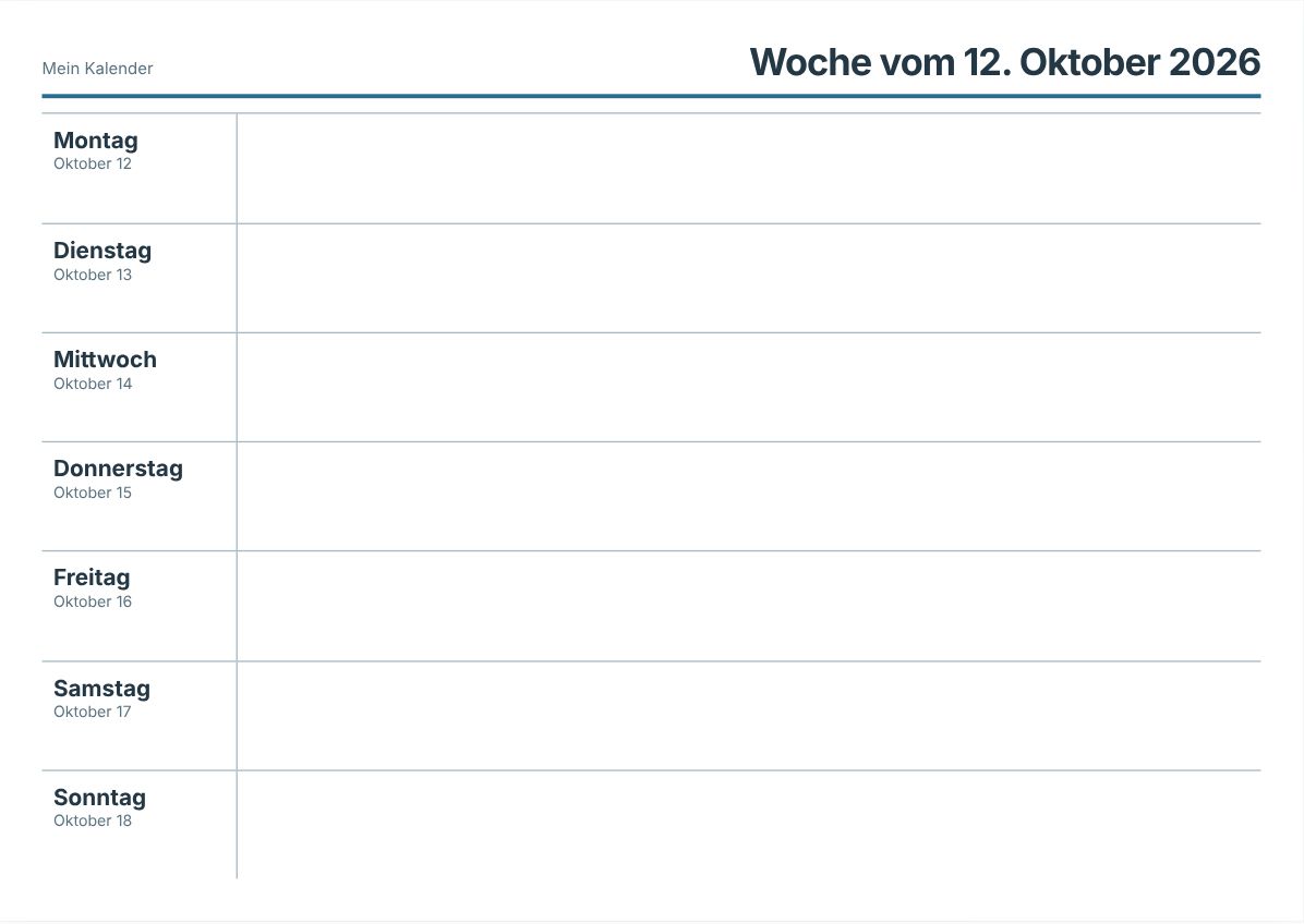 Kostenloser Wochenkalender zum Ausdrucken (Druckvorschau)