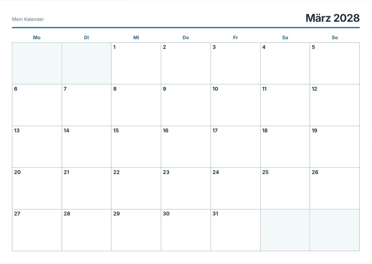 März 2028 Kalender zum Ausdrucken (Druckvorschau)