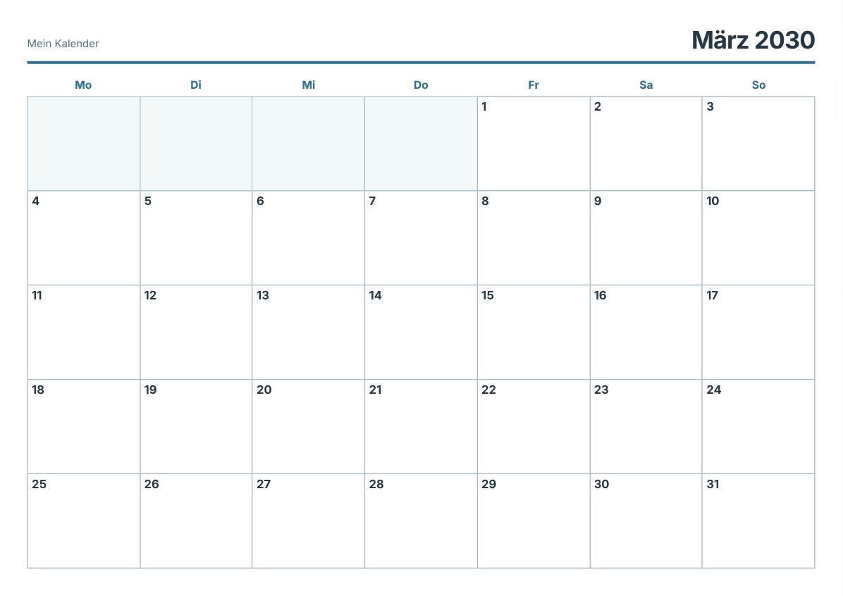 März 2030 Kalender zum Ausdrucken (Druckvorschau)