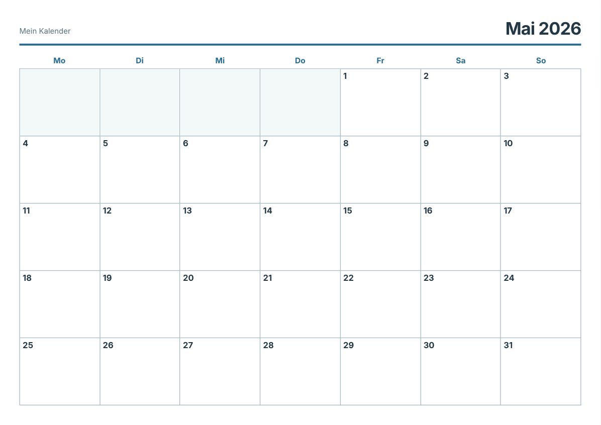Mai 2026 Kalender zum Ausdrucken (Druckvorschau)