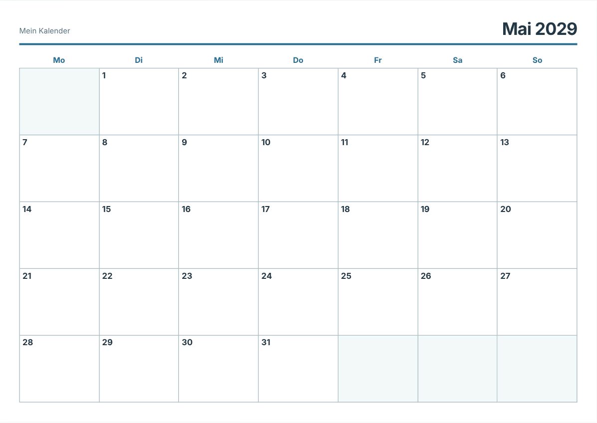 Mai 2029 Kalender zum Ausdrucken (Druckvorschau)
