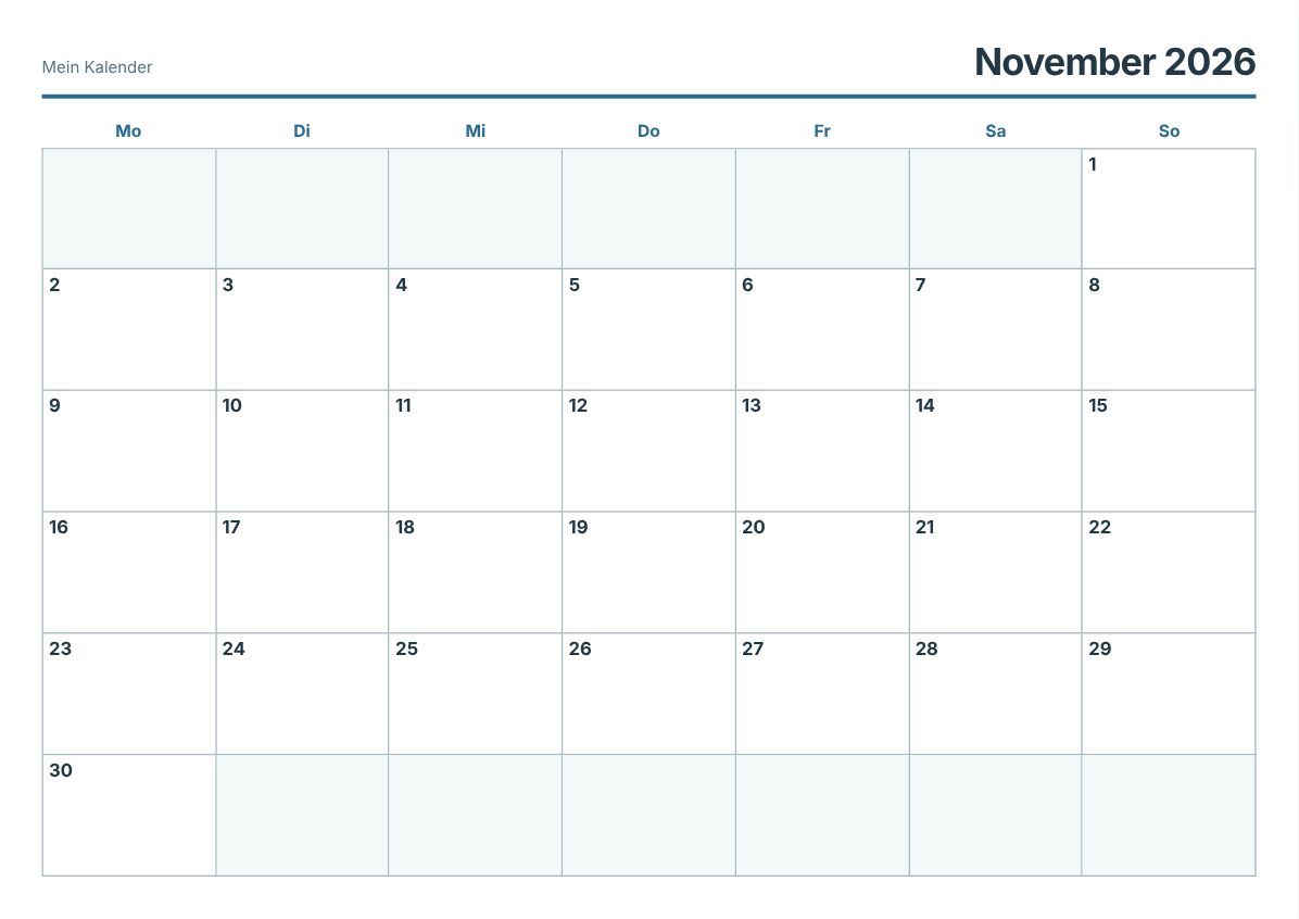 November 2026 Kalender zum Ausdrucken (Druckvorschau)