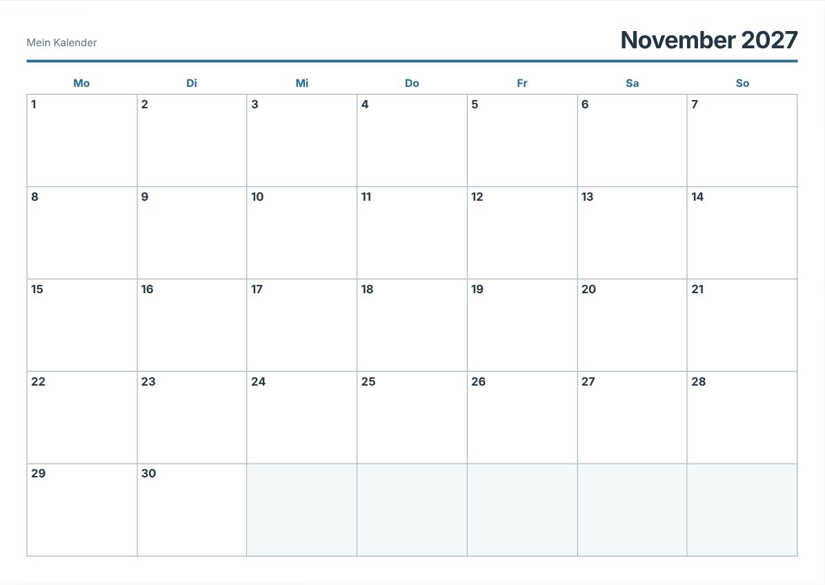 November 2027 Kalender zum Ausdrucken (Druckvorschau)