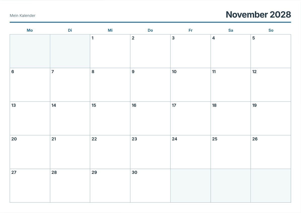 November 2028 Kalender zum Ausdrucken (Druckvorschau)