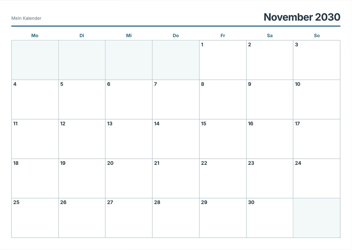 November 2030 Kalender zum Ausdrucken (Druckvorschau)