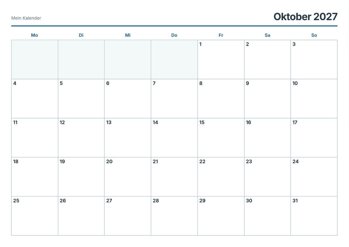 Oktober 2027 Kalender zum Ausdrucken (Druckvorschau)